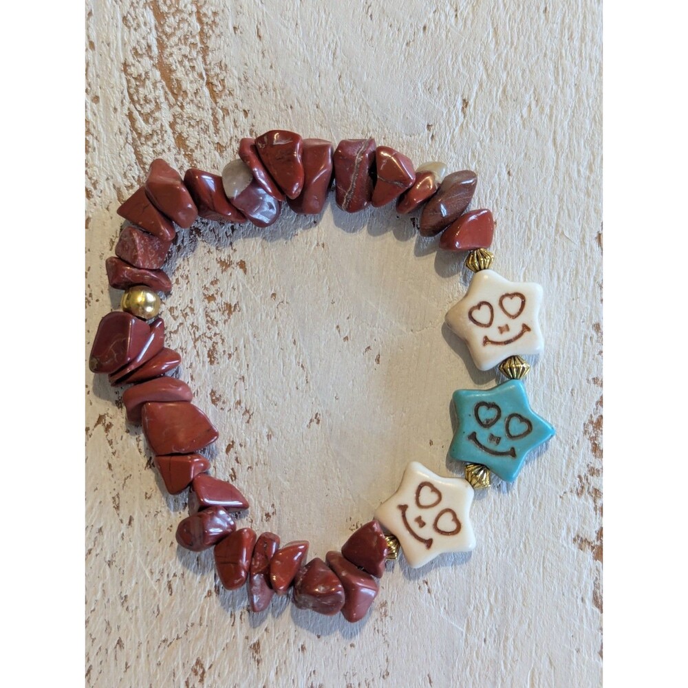 Beaded Stretchy Rock Bracelet with Smiley Face Star Charms Skull Turquoise